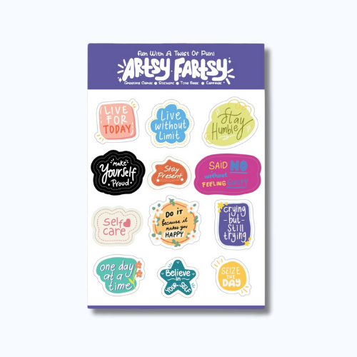 Sheet of colorful stickers with motivational phrases on a white background