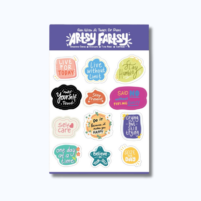 Sheet of colorful stickers with motivational phrases on a white background